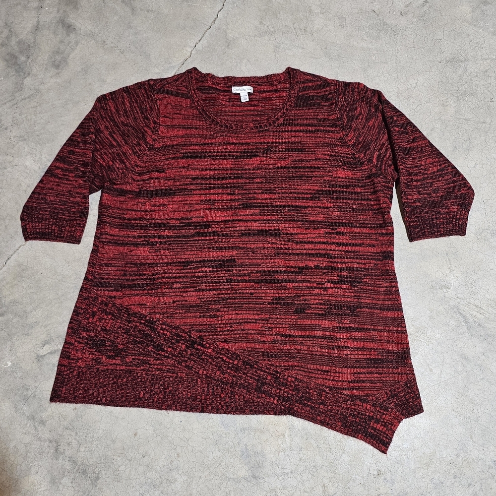 Croft & Barrow 2X Red Black Marled Knit Sweater Asymmetrical Hem 3/4 Sleeve